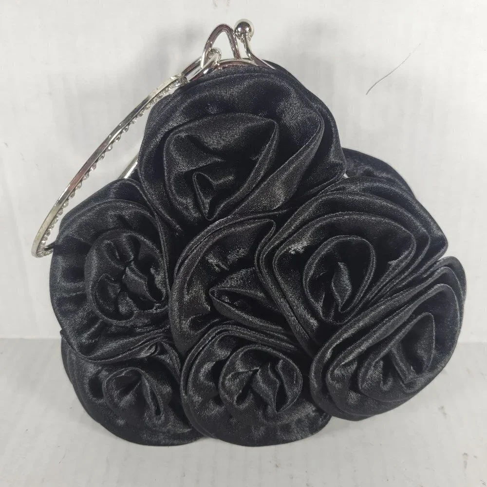 Black Satin Rose Classic Elegant Rhinestone Silver Handle Triangle Clutch Purse